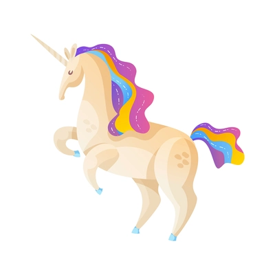 Fantasy unicorn with colorful mane and tail on white background cartoon vector illustration