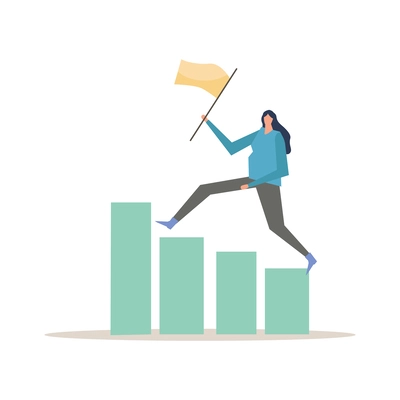 Flat concept of business success with woman moving up holding winner flag vector illustration