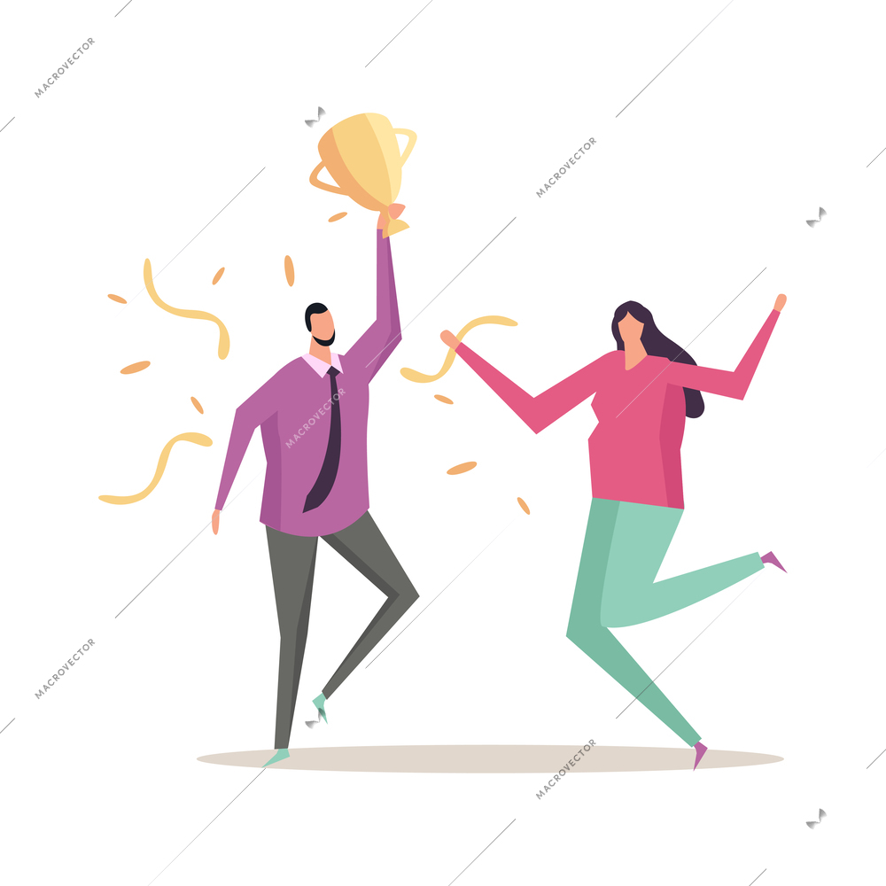 Business success concept with happy winners holding golden cup flat vector illustration