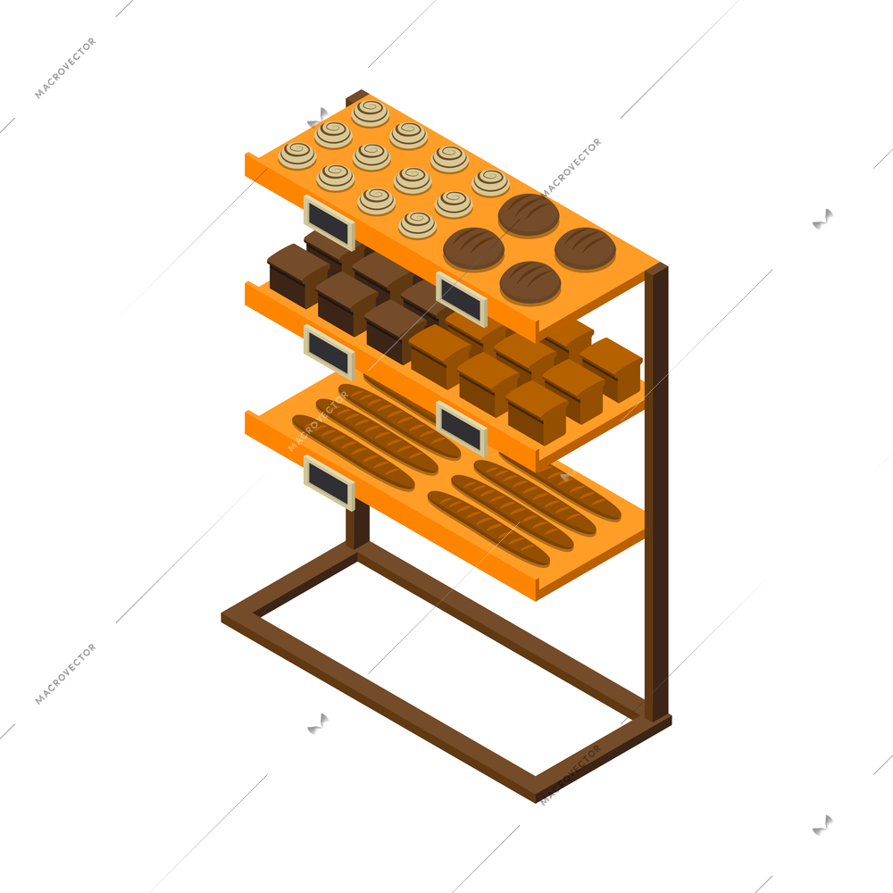 Bakery interior isometric icon with fresh bread and pastry on shelves 3d vector illustration