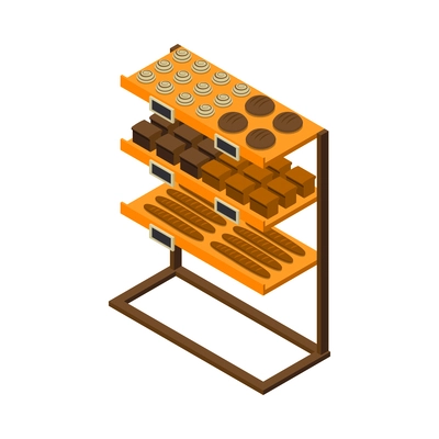 Bakery interior isometric icon with fresh bread and pastry on shelves 3d vector illustration