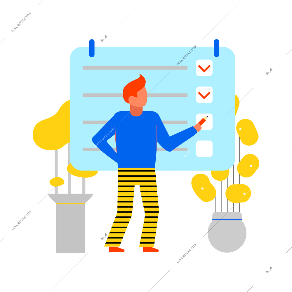 Time management flat icon with man planning his working schedule vector illustration