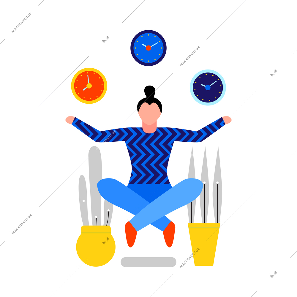 Time management planning your schedule balance flat icon with meditating female human character vector illustration