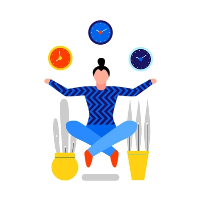 Time management planning your schedule balance flat icon with meditating female human character vector illustration