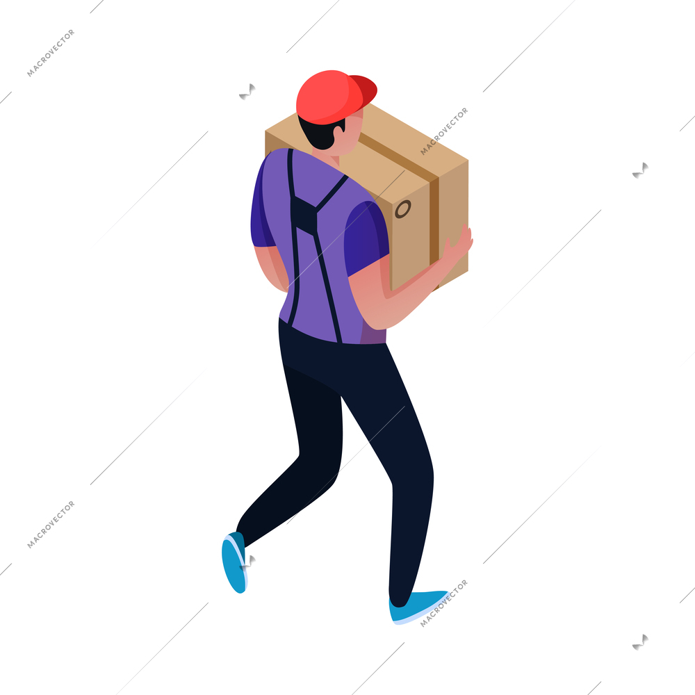 Isometric delivery man carrying big cardboard box back view 3d vector illustration