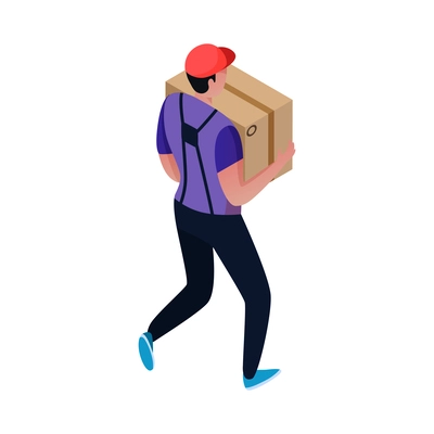 Isometric delivery man carrying big cardboard box back view 3d vector illustration