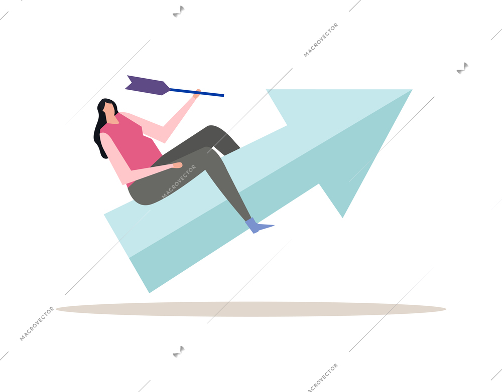 Flat concept of success business solution with female human character flying up on arrow vector illlustration