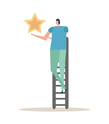 Success flat concept with male human character on ladder reaching star vector illustration