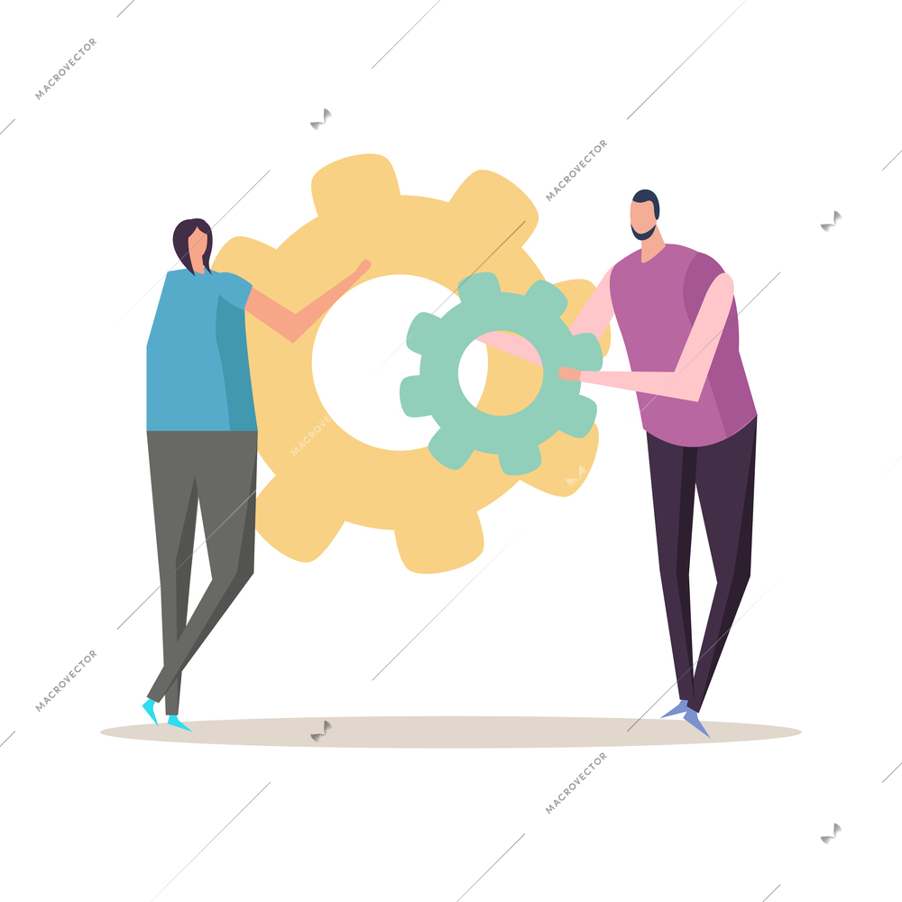 Flat concept of teamwork and success with two doodle human characters holding cogwheels vector illustration