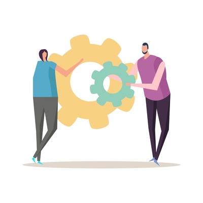 Flat concept of teamwork and success with two doodle human characters holding cogwheels vector illustration