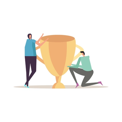 Success concept with two doodle human characters with golden cup flat vector illustration