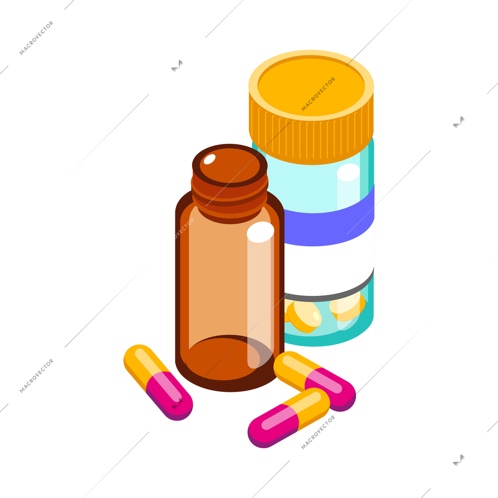 Medication isometric icon with capsules in bottles 3d vector illustration