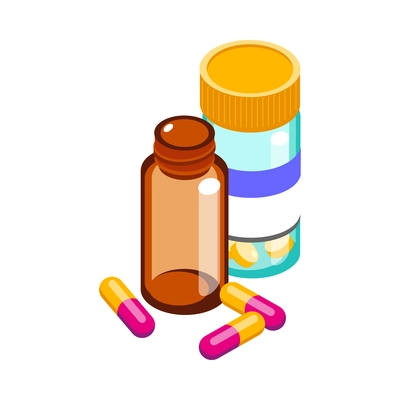 Medication isometric icon with capsules in bottles 3d vector illustration