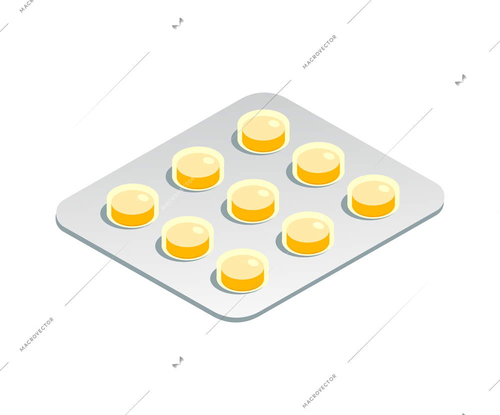 Isometric blister pack with yellow pills 3d icon vector illustration