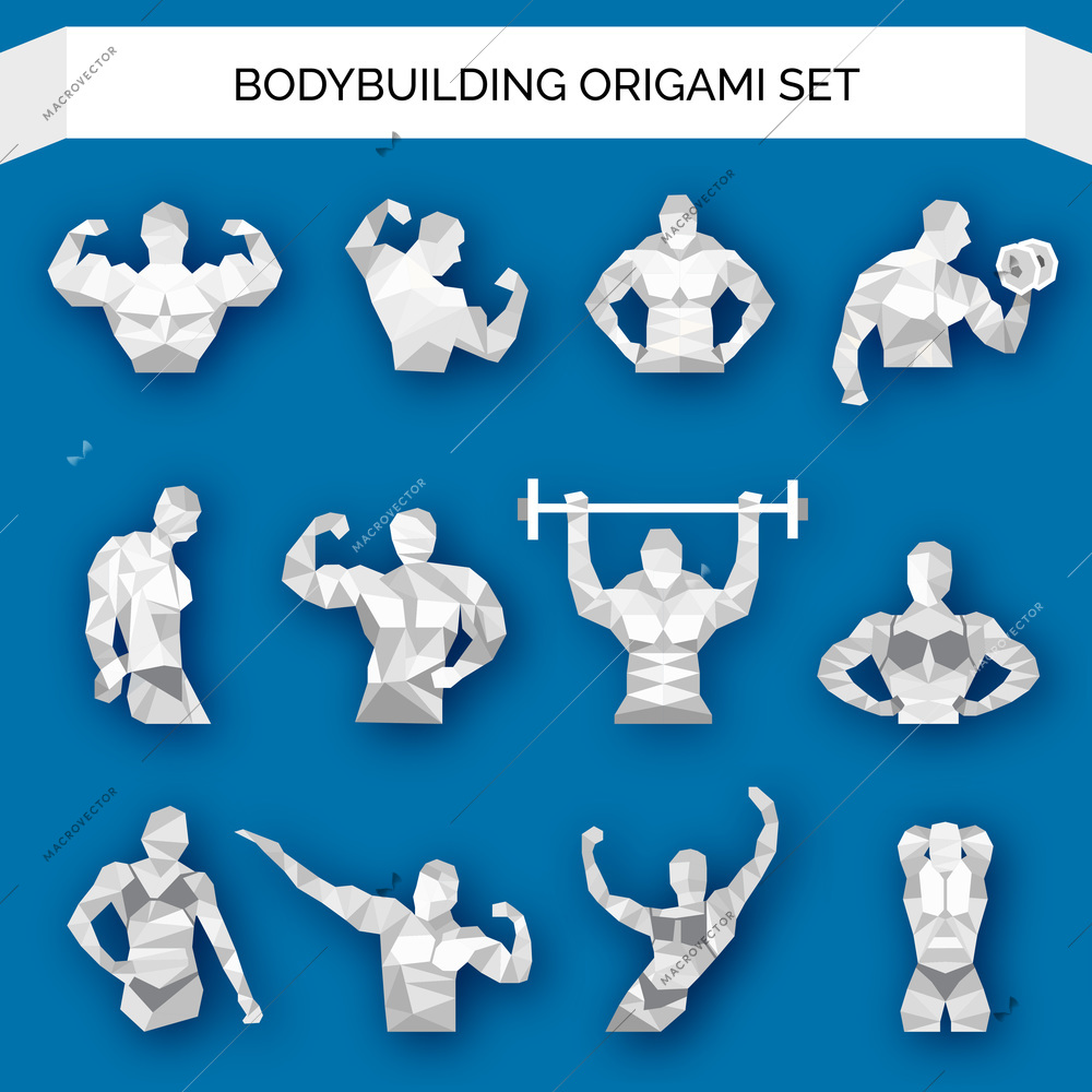 Bodybuilding fitness iron lifting polygonal white icons set isolated vector illustration