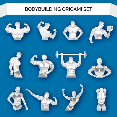 Bodybuilding fitness iron lifting polygonal white icons set isolated vector illustration