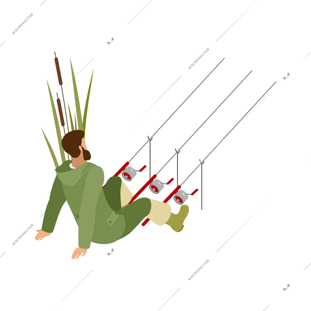 Isometric fisherman fishing with three spinnings back view 3d vector illustration