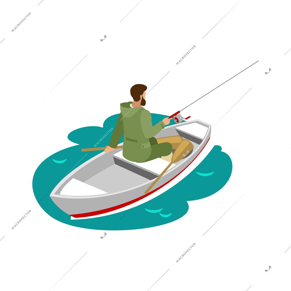 Fisherman during catching fish on spinning rod on boat 3d isometric vector illustration