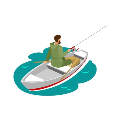 Fisherman during catching fish on spinning rod on boat 3d isometric vector illustration