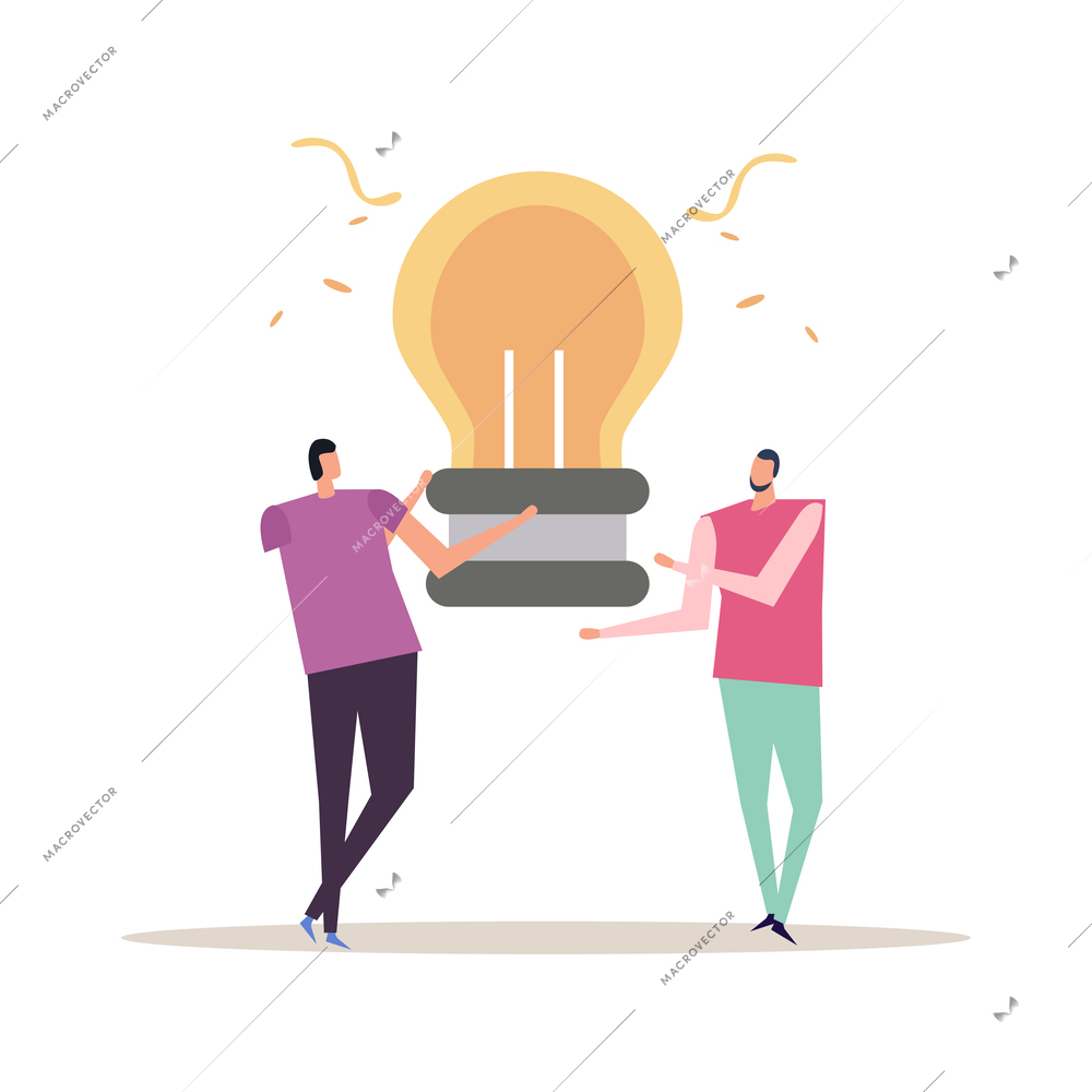 Success business idea flat concept with two doodle human characters holding light bulb vector illustration