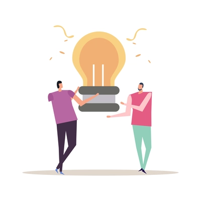 Success business idea flat concept with two doodle human characters holding light bulb vector illustration