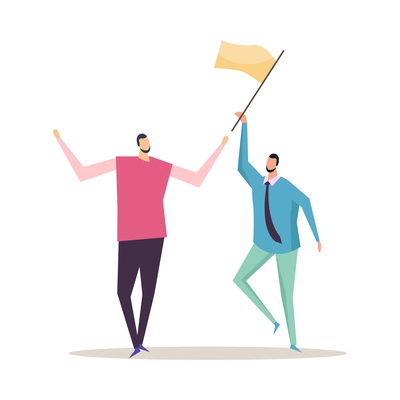 Business success flat concept with two doodle style people holding winner flag vector illustration