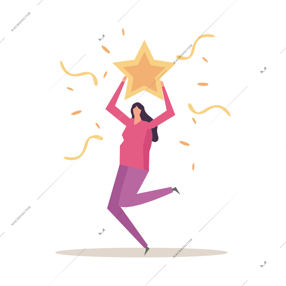 Success flat concept with female human character holding winner star vector illustration
