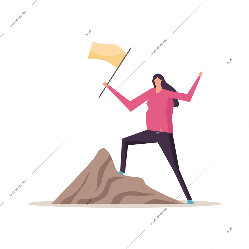 Business success flat concept with doodle female human character reaching top with flag vector illustration