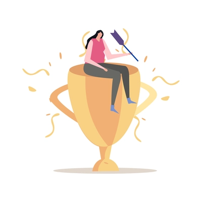 Flat business success winner concept with female character sitting on golden cup vector illustration