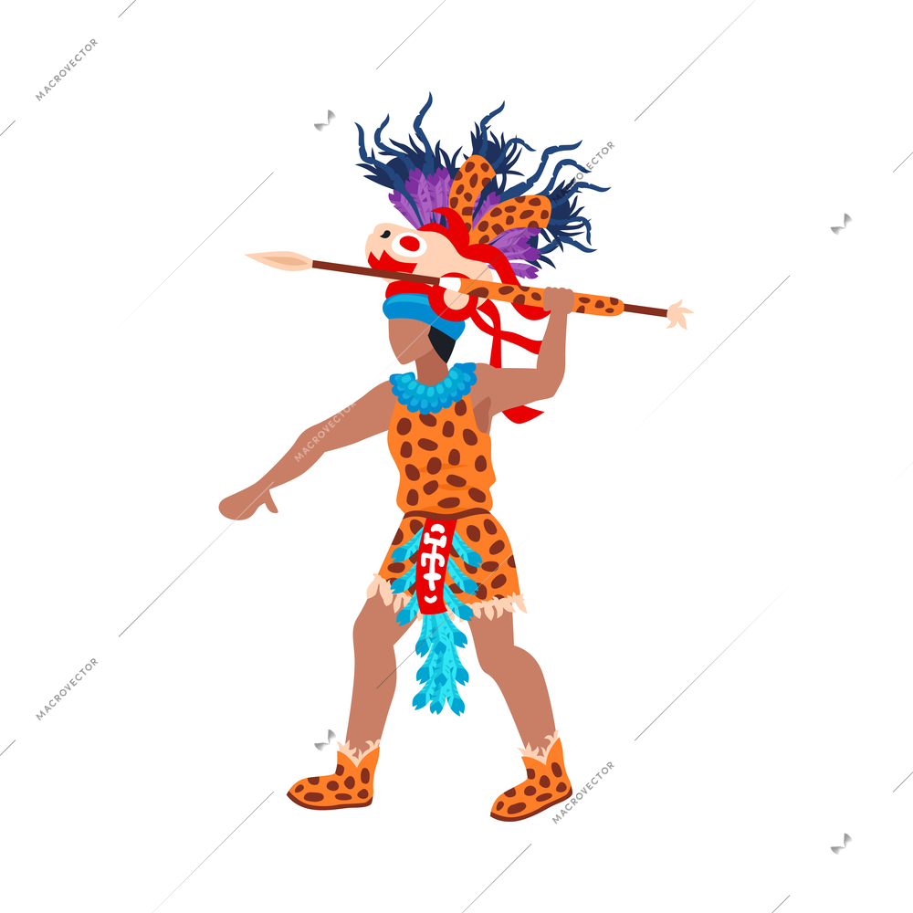 Flat mayan warrior with spear wearing traditional costume vector illustration