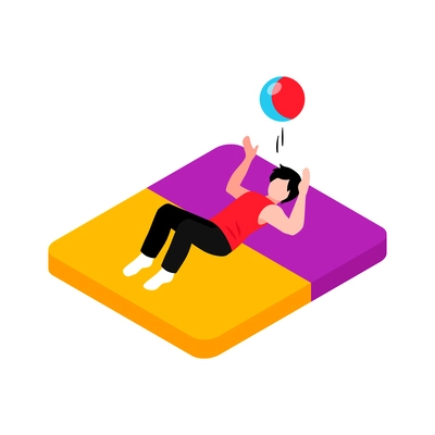 Isometric children home school gym sport equipment icon with teen doing exercise with ball on mat vector illustration