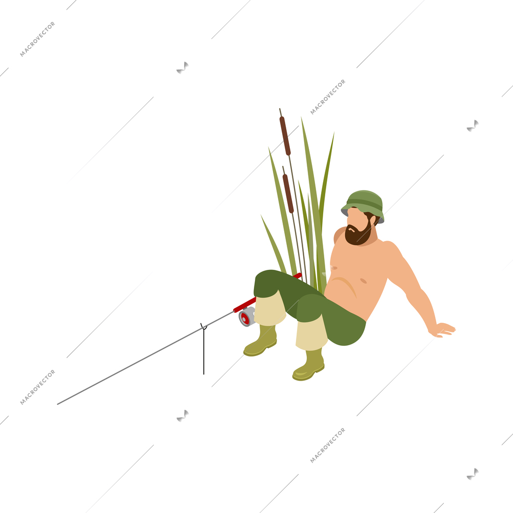 Bearded fisherman with spinning 3d isometric vector illustration