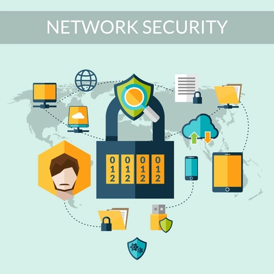 Network security concept with padlock and world map on background vector illustration