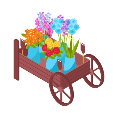 Isometric florist shop interior showcase icon with bunches of flowers 3d vector illustration