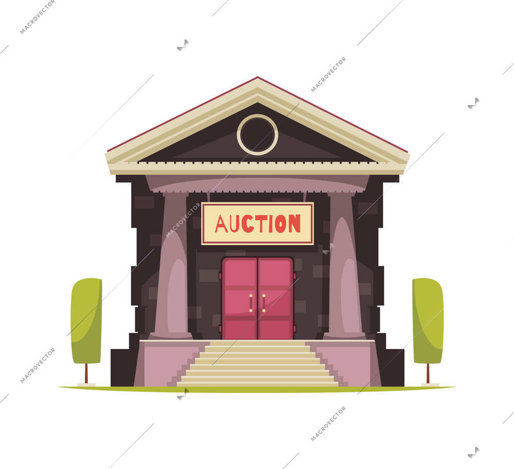 Flat auction house building exterior front view vector illustration