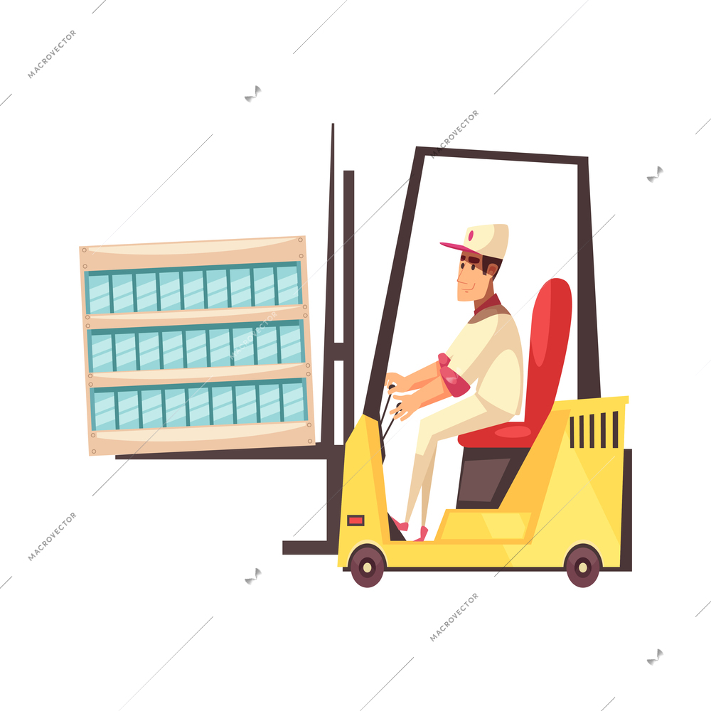 Smiling worker carrying big pack of goods on forklift flat vector illustration