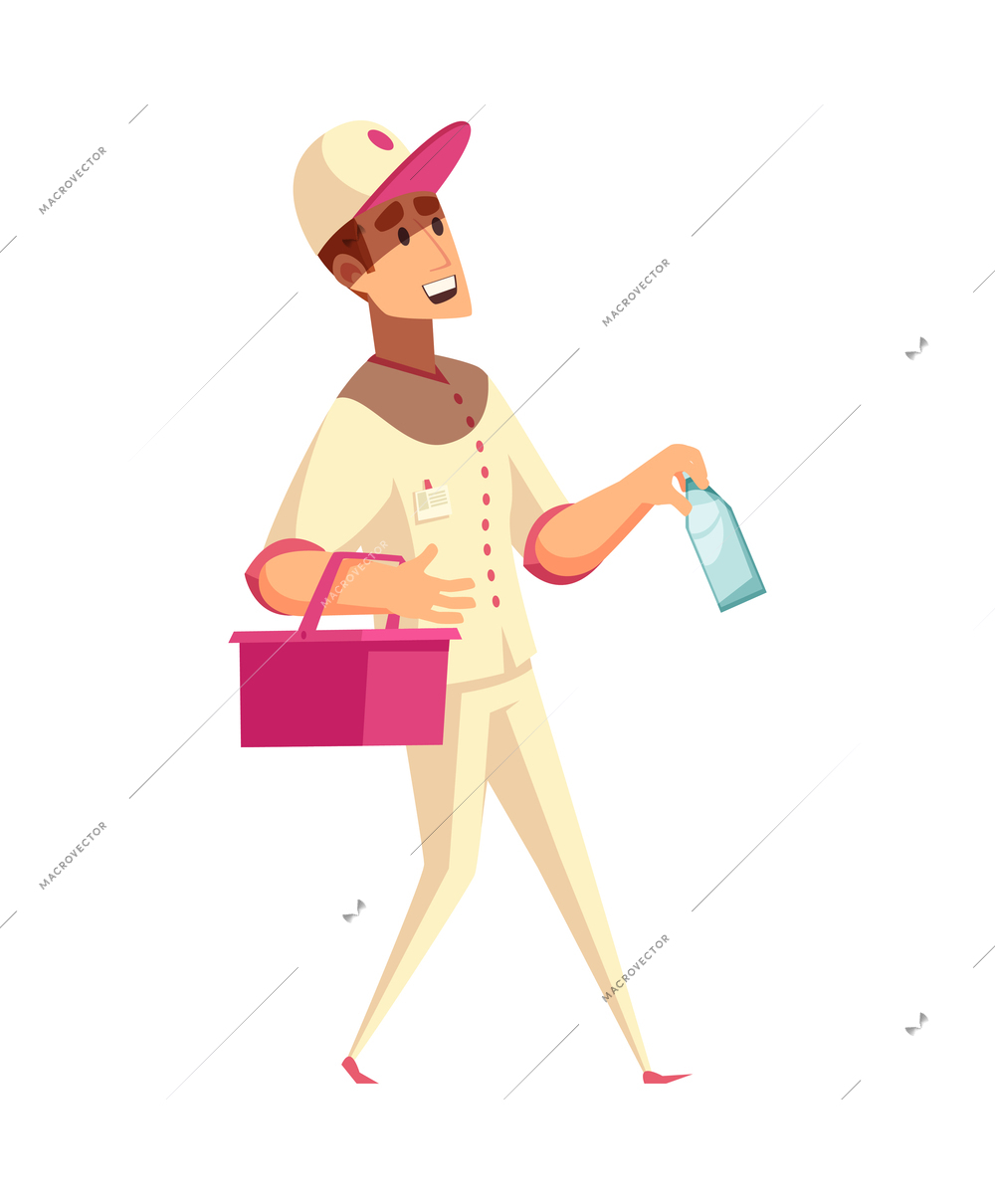 Smiling milkman walking with bottle of milk and container flat vector illustration