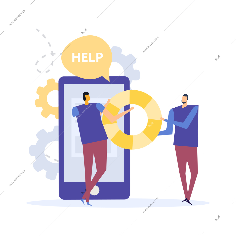 Online technical customer support service call center flat concept with doodle characters of client and operator vector illustration