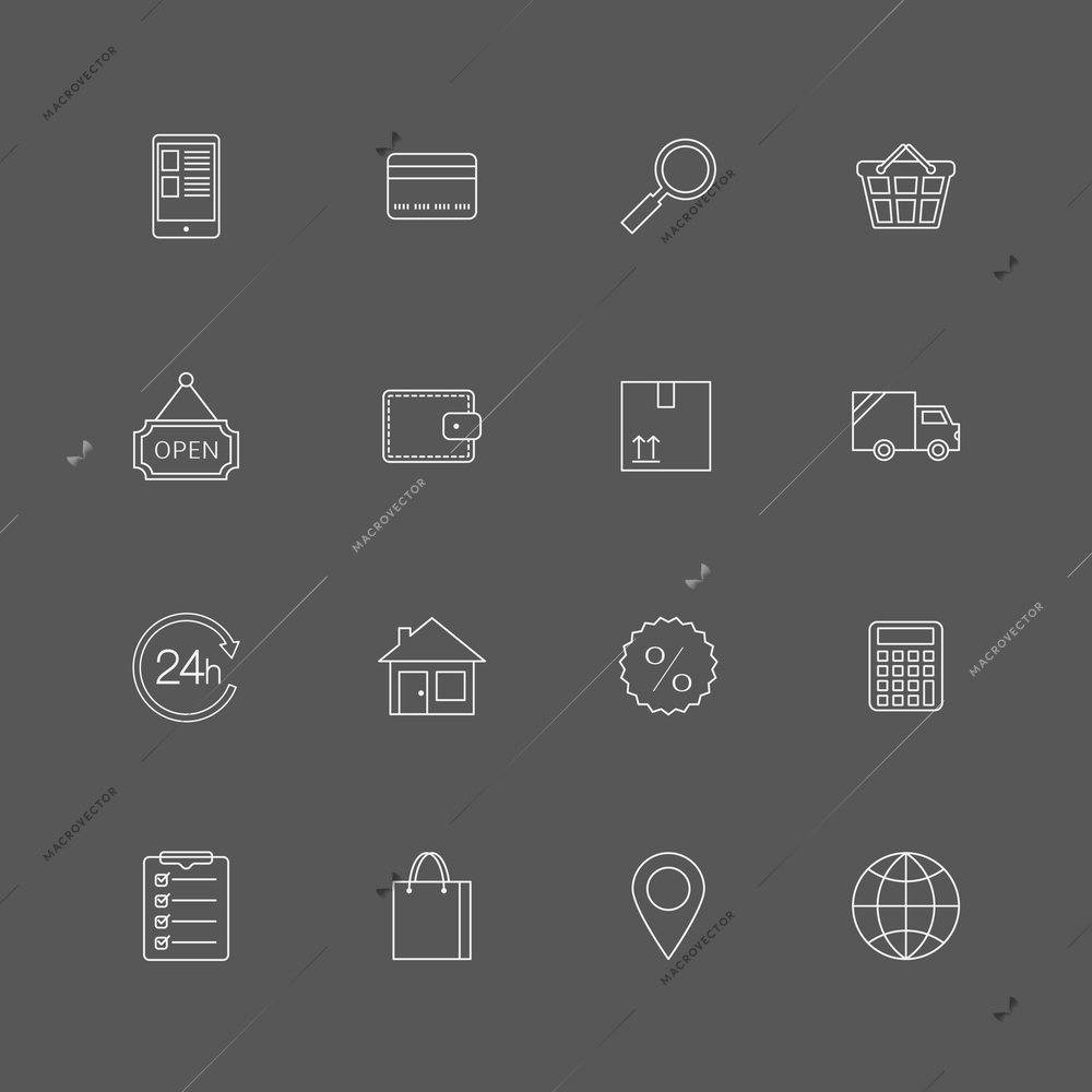Contour internet shopping icons set of store catalog online purchase and delivery isolated vector illustration
