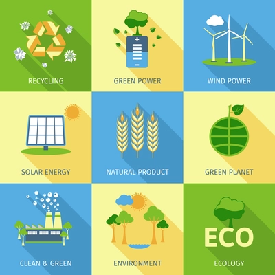 Ecology concept set with recycling green power wind and solar energy decorative icons isolated vector illustration