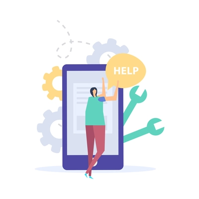 Call center online technical customer support service with doodle character of client asking for help flat vector illustration