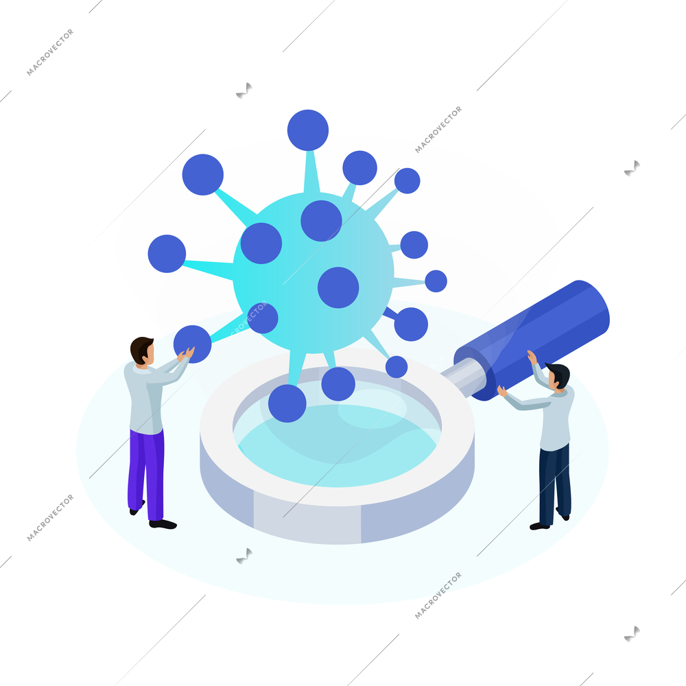 Nanotechnology biochemistry laboratory work isometric icon with two tiny scientists with magnifier 3d vector illustration