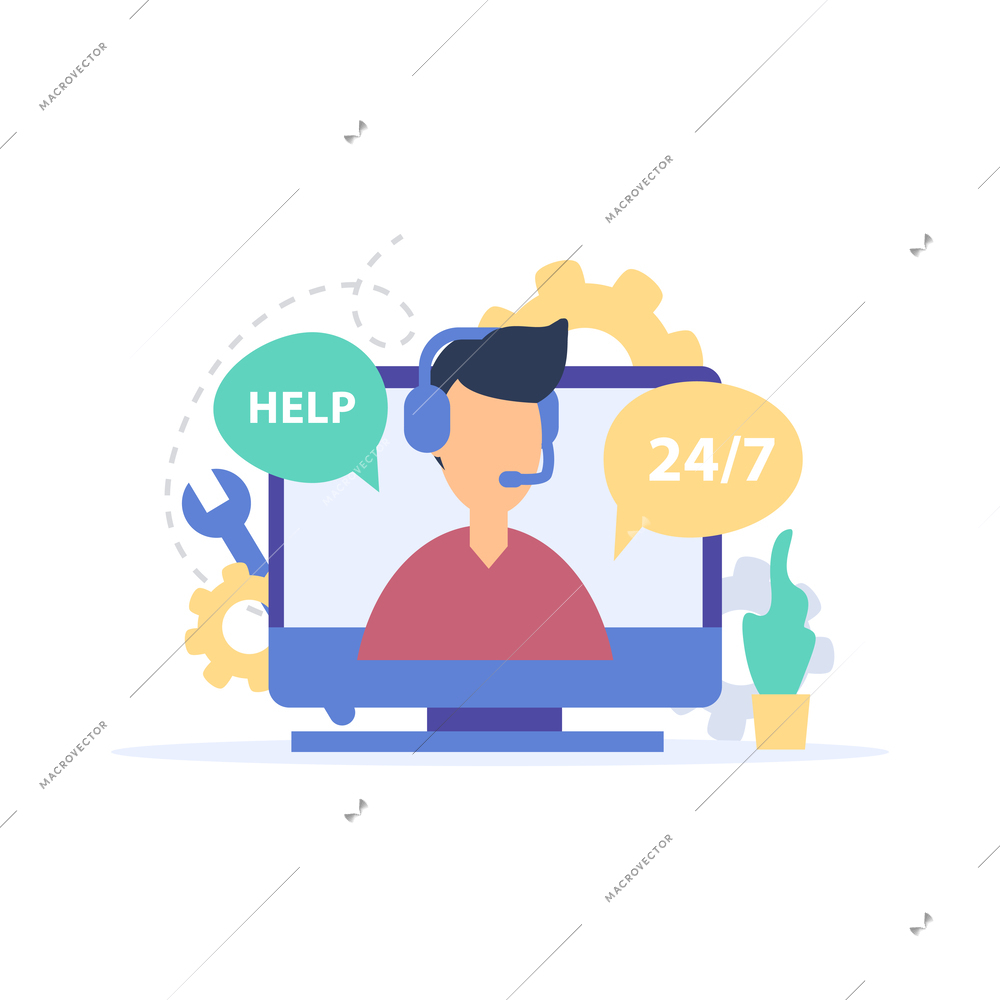 Customer support call center hotline 24 hours flat concept with operator wearing headset vector illustration
