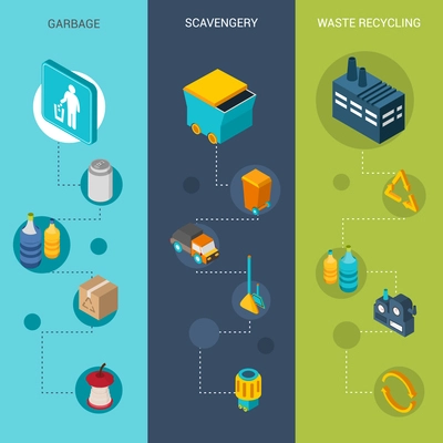 Garbage vertical banners set with scavengery and waste recycling isometric elements isolated vector illustration