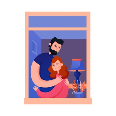 Flat view from neighbors apartment window with hugging couple vector illustration