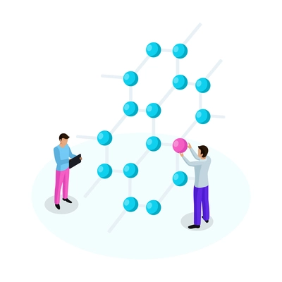 Nanotechnology and biochemistry isometric icon with scientists working with molecular model 3d vector illustration