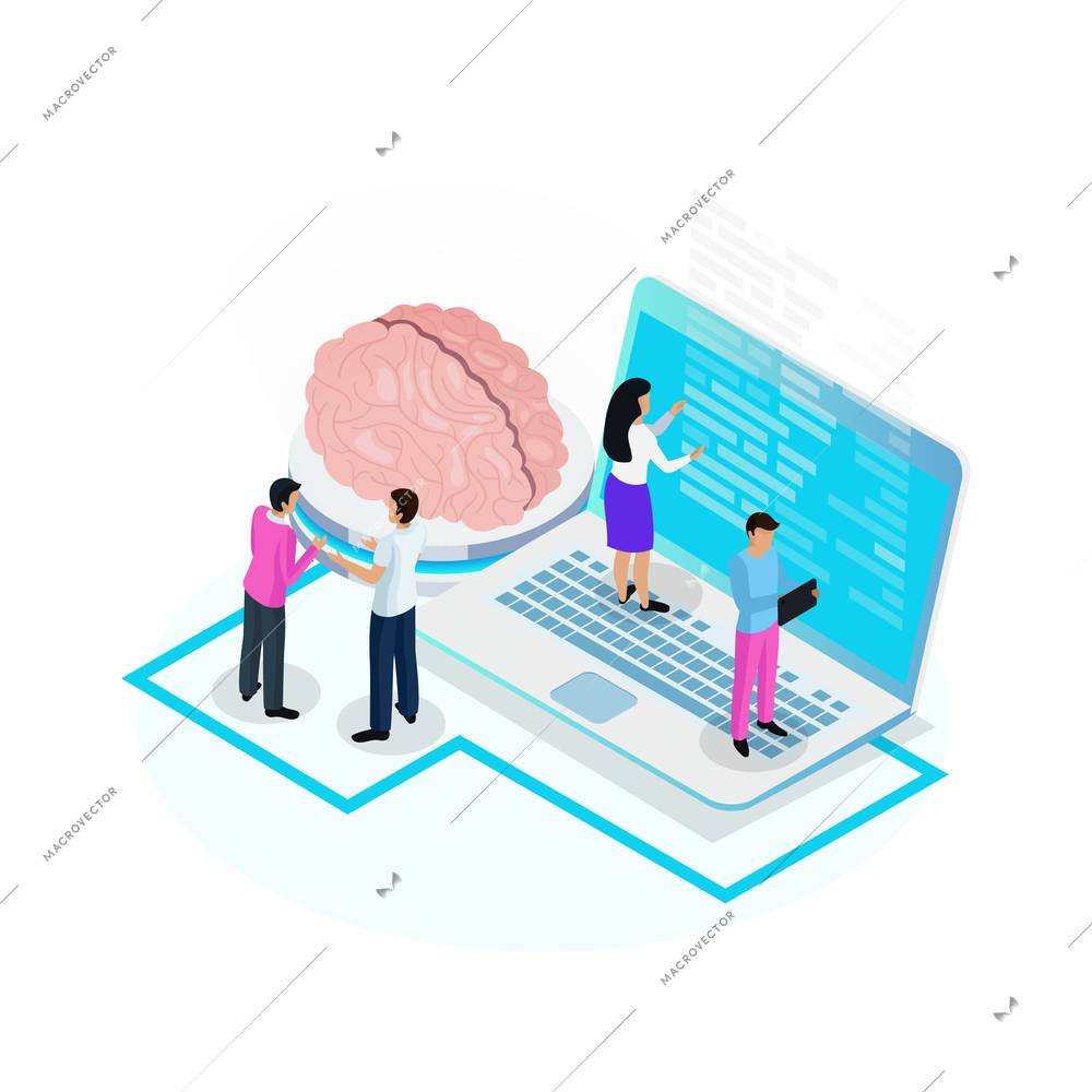 Nanotechnology neurology isometric icon with human brain and scientists during research 3d vector illustration