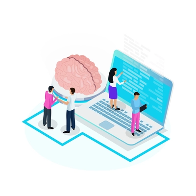 Nanotechnology neurology isometric icon with human brain and scientists during research 3d vector illustration