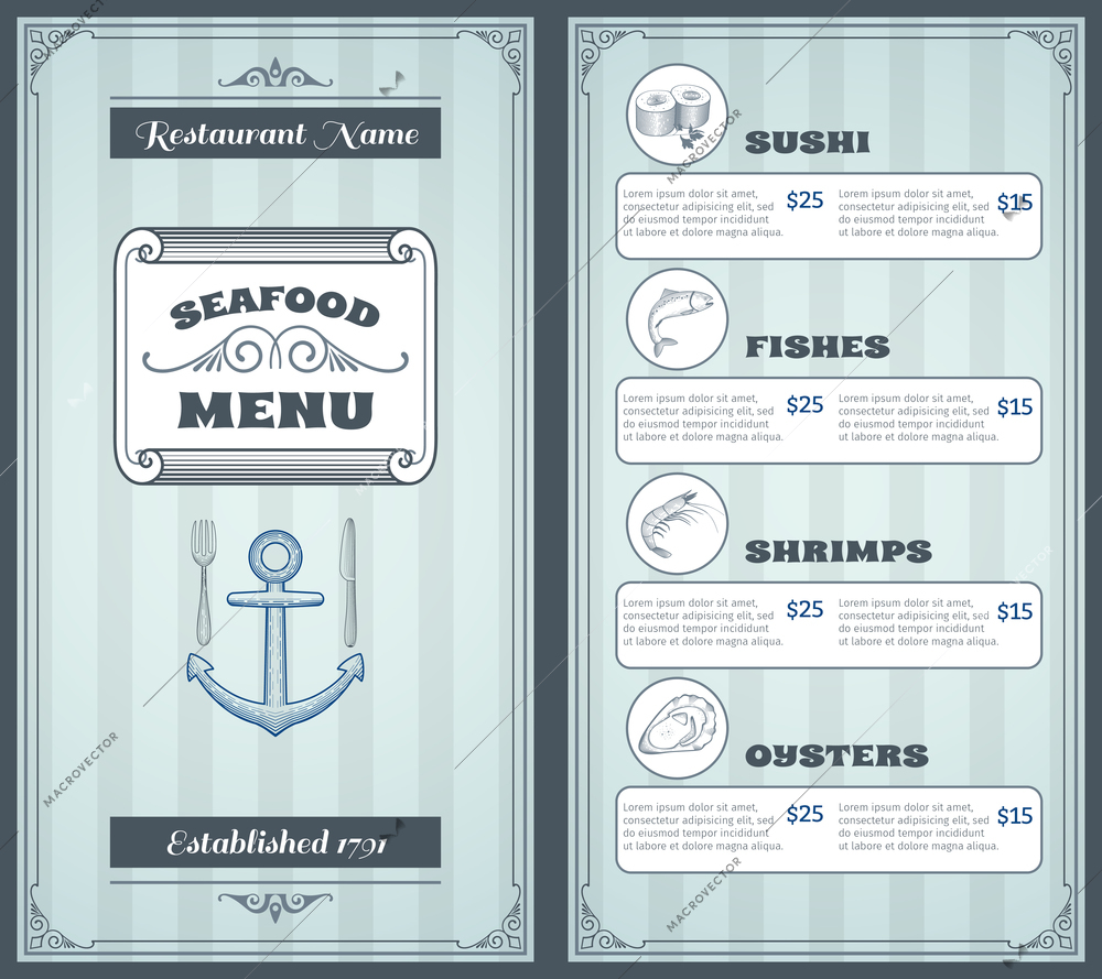 Seafood classic products restaurant menu vintage template design vector illustration