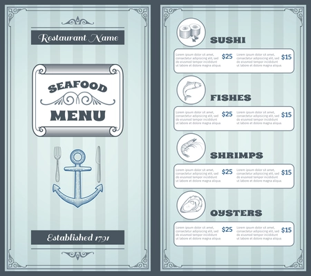 Seafood classic products restaurant menu vintage template design vector illustration